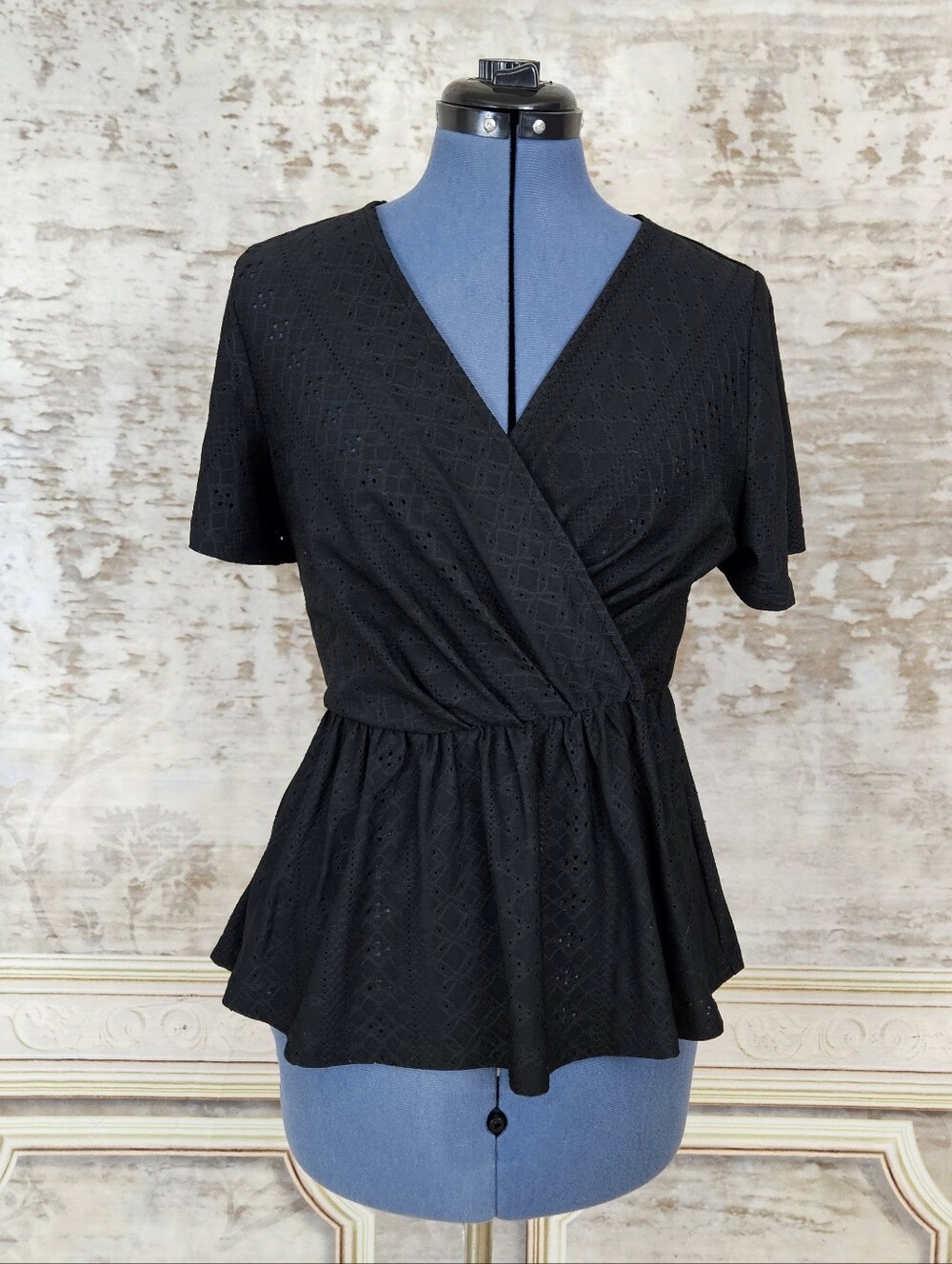 Grace Karin S Black Wrap Eyelet Peplum Blouse Flutter Sleeve S